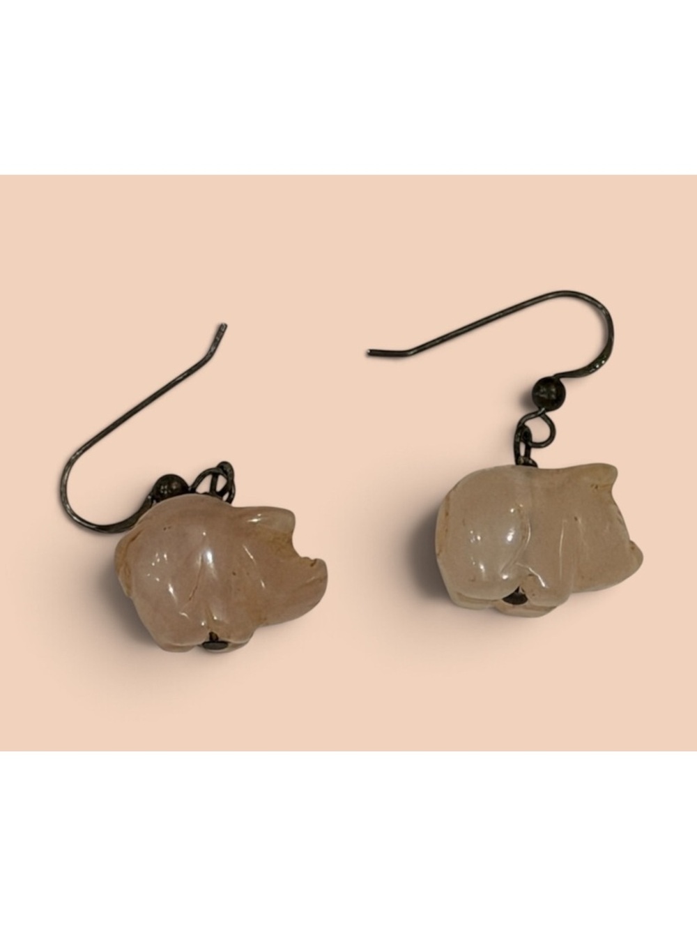 Vintage Hand Carved Rose Quartz Pig Dangle Earrings with Black Metal Hooks